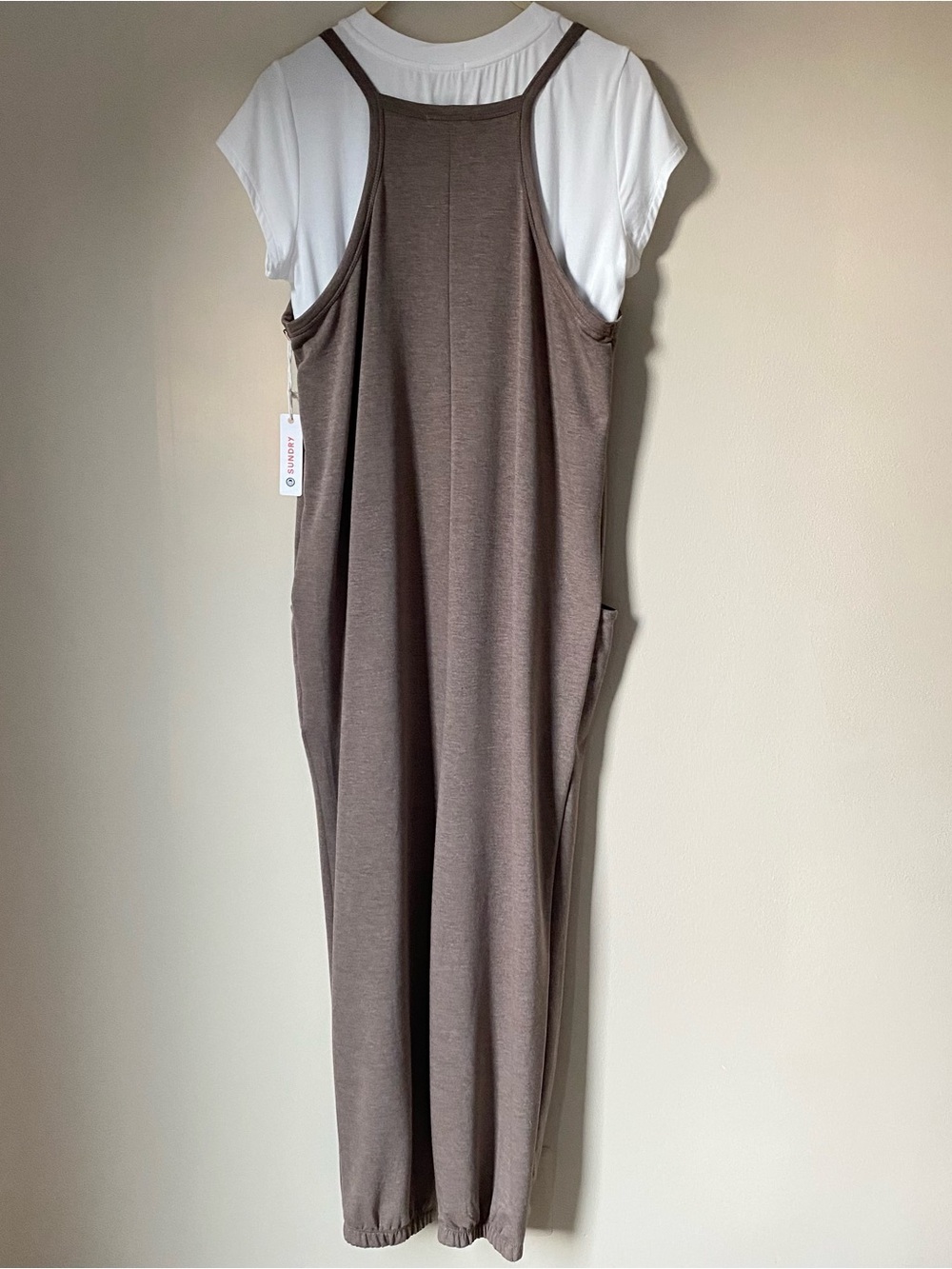Sundry Brown Slouchy Jumpsuit White Tee Set Relaxed Jogger Comfy Lounge NWT S - Picture 10 of 15